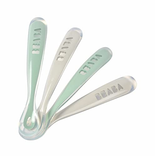 Béaba - Lot de 4 Cuillères en Silicone Bébé / Enfant 1er Âge - Dès 4 mois, Souple - Bout arrondi - Manche long et Ergonomique, Velvet grey/sage green