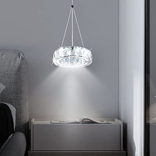FRIXCHUR Modern Crystal Chandeliers Lighting Cool White K9 Crystals Ceiling Lights 1-Round LED Flush Mount Adjustable Stainless Steel Pendant Lighting for Dining Room Bedroom Livingroom Hallway