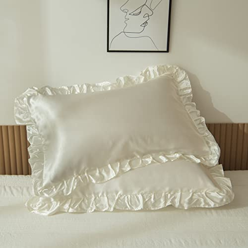 Kissenbezug 2er Set 80x80 Weiß Satin Kissenbezüge Dekorativ Bezug Super Weich Mikrofaser Kissenhülle Rüschen Dekorieren für Moderne Bett und Stuhlmöbel Waschbar