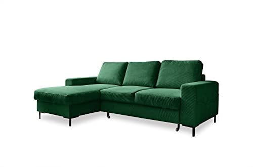 MIUFORM Lofty Lilly mit Bettkasten | 4 Sitzer Ecksofa | L-form links | 236 x 148 x 84cm | Klappsofa mit Schlaffunktion | Schlafsofa klappbar (Flaschengrün)
