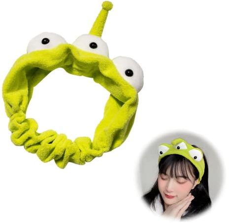 Serre-tête Alien à trois yeux – Joli bandeau monstre vert en peluche – Bandeau élastique amusant pour prendre des photos et se laver au quotidien – Femmes Hommes