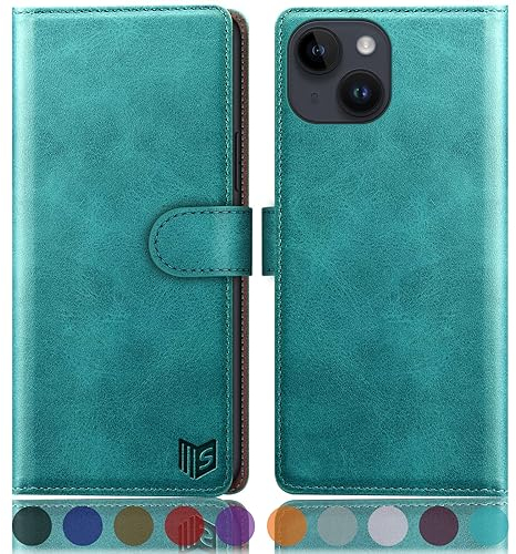 SUANPOT design for iPhone 15 Plus 6.7 inch case with [Credit Card Holder][RFID Blocking],PU Leather Flip Book Protective Cover Women Men for Apple 15 Plus Phone case Blue Green