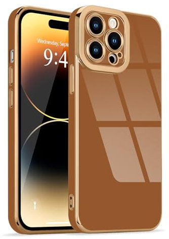 Lafunda for iPhone 14 Pro Max Case, Luxury Plating for Womens Gilrs Case, Full Camera Protection Soft TPU Bumper Cover, Shockproof Silicone Slim Phone Case for iPhone 14 Pro Max 6.7, Brown
