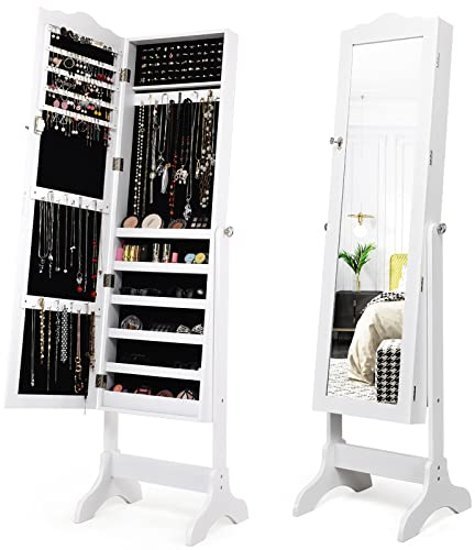 COSTWAY Schmuckschrank, Schmuckregal abschließbar, Schmuck Spiegelschrank mit Ganzkörperspiegel für Make-up, neigungsverstellbar (Weiß)