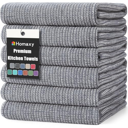 Homaxy Premium-Küchentücher (45,7 x 71,1 cm, 6er-Pack), große Baumwoll-Küchenhandtücher, Flache und Frottee-Geschirrtücher, 380 g/m², sehr saugfähig, Geschirrtücher-Set mit Aufhängeschlaufe, Grau