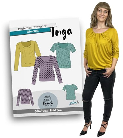 JULENDO Schnittmuster Longsleeve und T-Shirt mit Falten - Inga | Papierschnittmuster für Damen mit Nähanleitung (PS-006-54) (Gr. 32 bis 54)