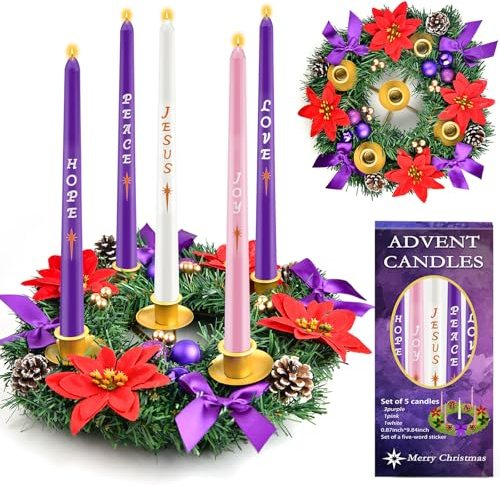 Kenburg 12in Christmas Advent Wreath 5 Candle Holder with Candles, Metal Cups for Taper Candles Advent Wreath and Candles Set Safety Fire Retardant Centerpiece Decorations for Table Indoor Home Church