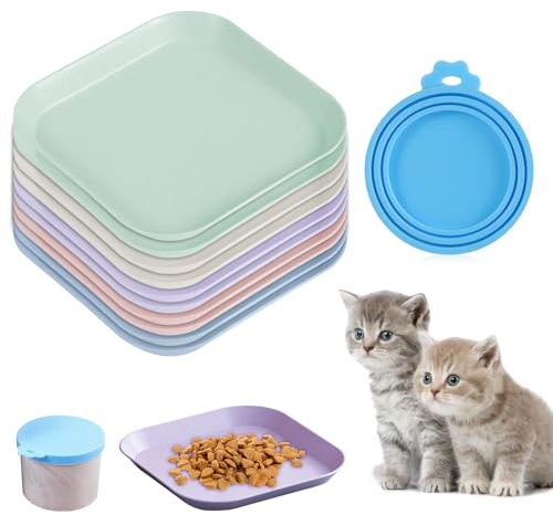 FAURAPMNG 11 Pcs Cat Food Bowl Set, Whisker Fatigue Free Feeding Dish With Can Lid, Shallow Plastic Plate for Wet Food, Environment Friendly PET for Cats and Dogs