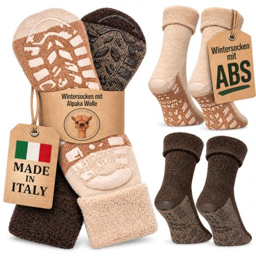 MOUNTREX Stopper Socks Alpaca Socks Non-Slip Wool Socks Women Men Winter Socks - Warm ABS House Socks Thick Non-Slip Socks - 2 Pairs, beige / brown, 43-46