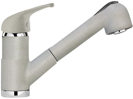 SCHOCK Omega-Mischbatterie mit Dusche, Einhebel mit schwenkbarem Auslauf und ausziehbarer Handbrause mit Doppelstrahl, Farbe New Aluminia, Höhe 177,5 mm | Ausziehbare Handbrause mit Doppelstrahl, Farbe New Aluminia, Höhe 177,5 mm
