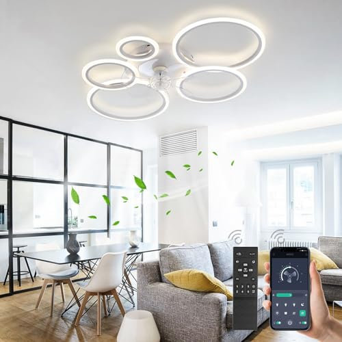 100cm Large Ceiling Fan with Light and Remote Control, Modern Round 5 Ring Design Fan Ceiling Lights, LED Dimmable Memory Function Living Room Fan Light, 6 Speeds Quiet Reversible DC Motor-White
