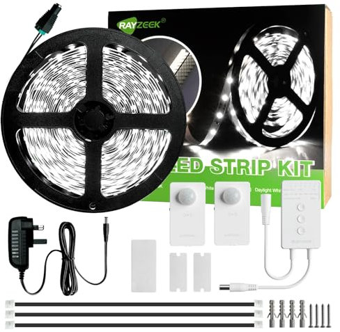RAYZEEK Motion Activated LED Strip Lights,19.7FT LED Strip Lights,RF Wireless Motion Sensor Control Dimmer,Timing,Cool White (1×Controller+2×Motion Sensor) No Include Batteries