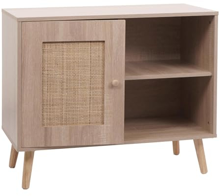 Kommode HWC-M39, Schrank Sideboard Highboard, Staufach, Kubu Rattan Holz Melamin, 67x80x38cm Eiche-Optik