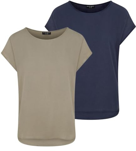DENIMFY Bluse Damen DFJule Regular Fit 2er Pack Set Rundhals T-Shirt Top Kurzarm Sommer Oberteil, Größe:XL, Farben:Farbmix 7