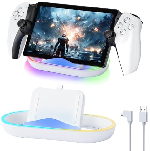 AXFEE Charging Stand for PlayStation Portal, Portable Charging Stand with 14RGB Light Modes and Type-C Cord, Ps Portal Stand, Charge Base Holder Accessories for Playstation 5 Portal Console(White)