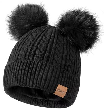 FISFET Mütze Damen Winter mit Doppelter Bommel, Damen Mütze Winter Warme Kaltes Wetter Strick Fleece Gefüttert, Beanie Mütze Damen für den Täglichen Gebrauch(Schwarz)
