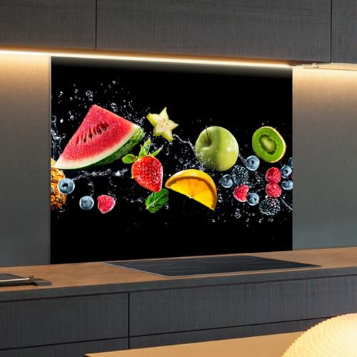 Spritzschutz Küchenrückwand Glas 100 x 50 cm Bunte Früchte mit Wasserspritzern, Küchenwand Wandschutz, Herd Spritzschutz, Rückwand Küche Glas, Pfannenspritzschutz - RUECKWAND24