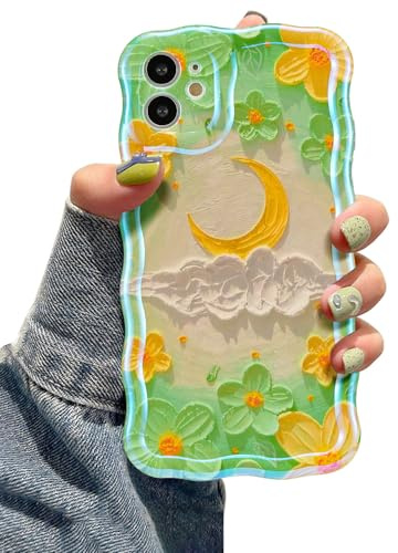 EYZUTAK Schutzhülle für iPhone 11 Pro, Design im Stil bunter Retro-Ölmalerei mit Blumen, Mond, lasergeschnitten, hübscher Wellenrand, stilvolle haltbare TPU-Schutzhülle, für Mädchen, Damen, Mond/Grün