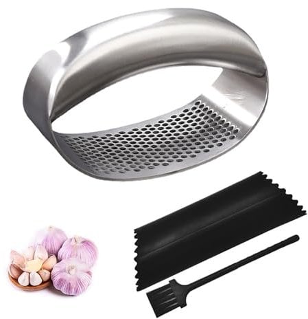 EUZUXU Hachoir à Ail en Acier Inoxydable, Presse-ail Ergonomique Permettant d'économiser du Travail, Facile à Utiliser et à Nettoyer avec éplucheur en Silicone et Brosse de Nettoyage