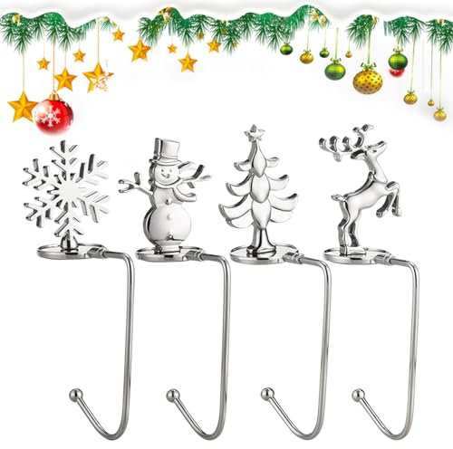 4 Stück Silber Weihnachtsstrumpf Halter, Eisen Weihnachtsstrumpf Halter Kamin, Weihnachtsstrümpfe Aufhänger mit 4 Muster, Halterung Weihnachtsstrumpf für Weihnachtsstrümpfe Kamin Strumpfhalter Deko