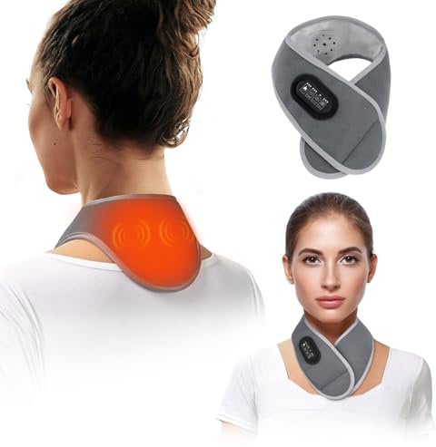 Neulriscn Neck Heat Pad, Heated Neck Wrap with Vibration Massager, Electric Heated Neck Warmer for Pain Relief, Cordless Neck Heating Pad Neck Brace for Stiffness, 3 Levels Heat, Vibration & Timer