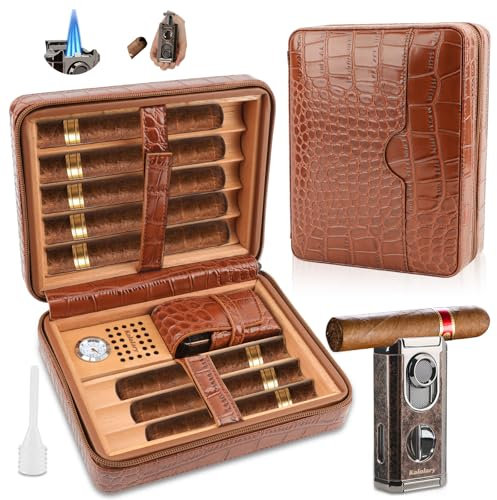 Kalolary Zigarren Humidor Leder mit Zigarrenschneider, Tragbarer Reise Humidor Zigarren mit Zedernholz Auskleidung für Hält bis zu 8 Zigarren, Tolle Geschenke für Männer (Braun)