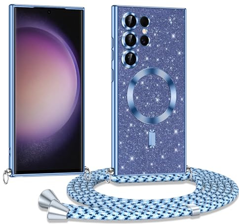 Phoona Handyband Hülle für Samsung Galaxy S23 Ultra 5G mit Band, Glitzer Handyhülle Kompatibel mit MagSafe, Ganzkörperschutz Kratzfeste Stossfest Schutzhülle mit Einstellbar Kette, Blau