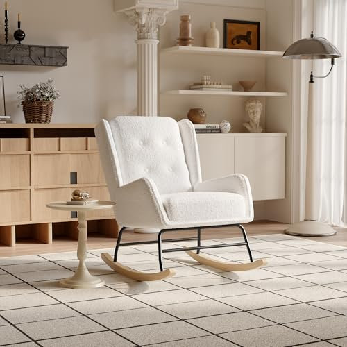 AONYAYBM Schaukelstuhl, skandinavisch, Stillsessel, skandinavischer Sessel, Freizeit und Ruhe, aus Stoff mit Beinen aus Holz, Metall, für Wohnzimmer, Schlafzimmer (weiß, Eisen + Holz)
