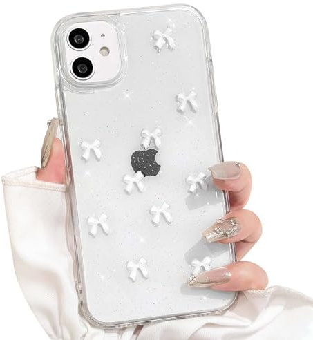 NITITOP Kompatibel mit iPhone 12/12 Pro Hülle Klar Transparent Cute 3D Weiß Schleife Süßes Glitzer Glitzernde Paillette Teen Girls Dünne Schutzhülle - Weiß Schleife
