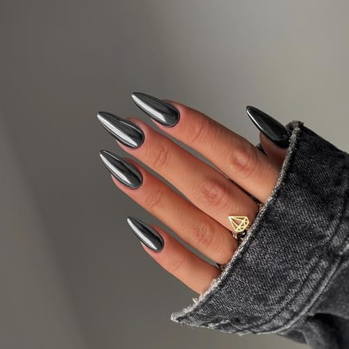 Chrome False Nails Almond, SXVME Metallic Smoky Grey Press On Nails Medium, Glitter Shine Black Fake Nails Medium Cute, Acrylic Stick on Nails for Women Daily & Party Wear 24 Pcs