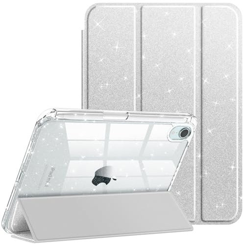 Fintie Slim Case for iPad Mini 7 (A17 Pro, 7th Generation) 2024 / iPad Mini 6 (6th Gen) 8.3 Inch - [Built-in Pencil Holder] Glittering Sparkly Shockproof Cover w/Shiny Clear Back Shell, Silver
