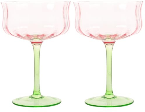 Healifty Vintage Glass Cocktail Goblet: 2PCS Pink & Green Ribbed Coupe Set for Home Bar Parties - Stemmed Drinkware for Martini