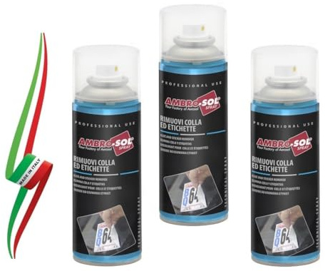 SET 3 BOMBOLETTE Rimuovi Colla ed Etichette, a Base di Solventi e Polimeri Sintetici, Bomboletta Spray in Banda Stagnata Riciclabile 200 ml, bianco tenue MADE IN ITALY