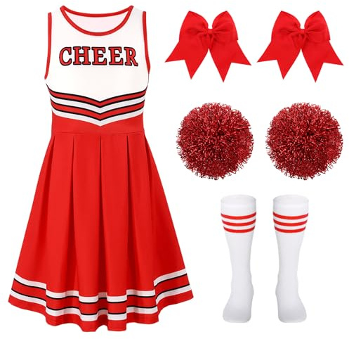 WERFORU Cheerleader Kostüm Kinder Mädchen Kostüm Cheerleader mit Pompoms Socken Kopfschmuck Cheerleading Uniform für Karneval Halloween Cosplay，5-12 Jahre