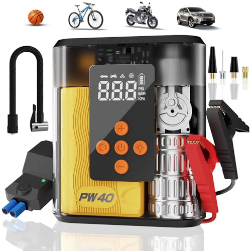Jump Starter with Air Compressor, 4000A Peak Car Battery Charger, 200PSI Tyre Inflator, Heavy Duty Power Supply for up to 9.0L Gas, 8.0L Diesel Engines, LED Light, USB Ports, Emergency Road Kit