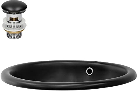 LuxeBath Waschbecken aus Keramik Schwarz matt 490x405x195 mm oval mit Ablaufgarnitur Schwarz, Einbauwaschbecken mit Überlauf, Aufsatzwaschbecken Einbauwaschtisch Waschschale Waschplatz Handwaschbecken