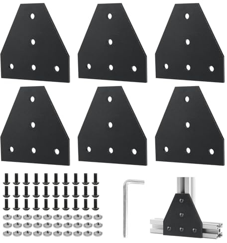 EXLECO 6er Eckhalterung Verbindungsplatte Aluprofil 40x40 T für 9mm Schlitz | Eckhalterungsplatte Eckwinkelplatte T Profil Aluminium mit Muttern Schrauben Sechskantschlüssel, Schwarz