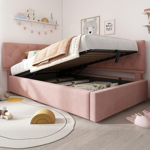 Kelodan Polsterbett 90x200cm Kinderbett Jugendbett Tagesbett Daybett Schlafsofa mit hydraulischem Stauraum Bettgestell mit Lattenrost aus Holz Samt Rosa ohne Matratze