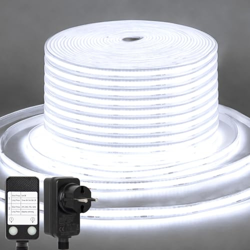CCILAND COB LED Streifen 15M, 24V Dimmbar LED Strip mit Timer | Wasserdicht Flexibel LED Band Selbstklebend für Heim Küche Innen Außen DIY Dekor Weiß 6500K