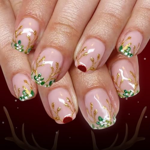 24PCS Natale Unghie Finte Glitter Dorati Foglia di Renna Design ABS Unghie Artificiali Per Festa di Vacanza Usura Rapida Renna Unghie