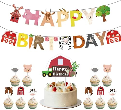 Sdhgerh 12 Stück Bauernhof Geburtstag Deko, Happy Birthday Girlande, Bauernhof Geburtstag Banner, Kuchen Deko Lustig Cake Cupcake Topper für Junge Mädchen Geburtstag Party