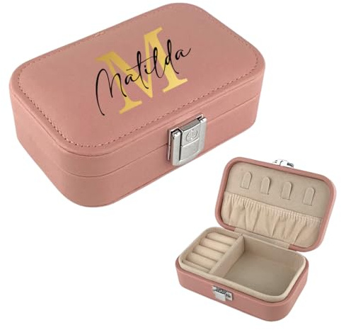 AWASG Schmuckkästchen personalisiert klein, Schmuckbox Reise Damen Mädchen, Schmuckschatulle Buchstabe Name mit Spiegel rosa S (12 x 7,5 x 4 cm)