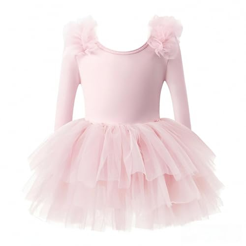 KARETT Toddler Tutu with Long Sleeve Ballerina Dance Outfits Ballet Leotards for Girls Pink 1-2Y