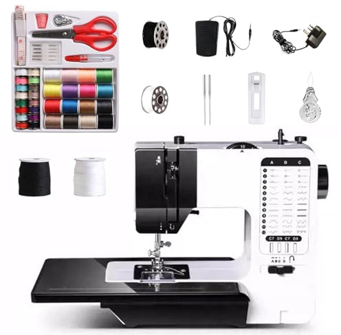 Nähmaschine mit Anschiebetisch, 38 Stichprogrammen Tragbare Elektrische Nähmaschine mit LED Licht & Fußpedal, Nähzubehör Set Mini Nähmaschine für KleidungKissenbezüge Bettlaken