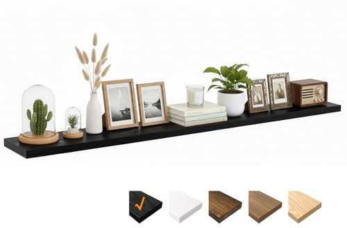 RICHER HOUSE Schwarze Wandregale, 180 x 23,5 x 3,8 cm Wandboard Holz, Holzregal Wand mit unsichtbaren Halterungen, Schweberegal für Schlafzimmer, Wohnzimmer, Badezimmer, Küche, Waschküche, Büro