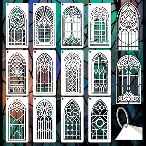 GOMAKERER 12 Hojas Plantillas De Vidrio Dividido Para Pintar, 12 Estilos De Ventana Gótica Plantilla De Dibujo Cristiano Plantillas Geométricas De Arte De Vidrio Para Pintar En Pared Madera Decoración