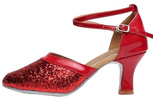 HCHCTRY Womens Latin Dance Shoes Sequin Heel Ballroom Salsa Tango Party Flamenco Latin Comfortable Non-Slip,Indoor Dance Shoes Pumps (Red-1.97in,8)