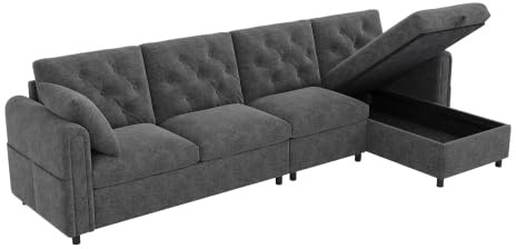 dowowdo L-förmiges Ecksofa aus Samt mit Schlaffunktion & großzügigem Stauraum | Verstellbare Eckbank Links/rechts | Armlehnen mit Magazintaschen | 281x132x86 cm, Grau