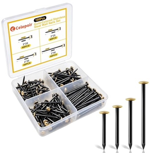 Celepoir 160 Pcs Steel Picture Hanging Nail Set, 4 Size Picture Frame Nails | 20/25/30/40mm Golden Head Picture Nails for Concrete Walls Brick Plaster & Wood, for Hanging Pictures, Photo Frames & Art