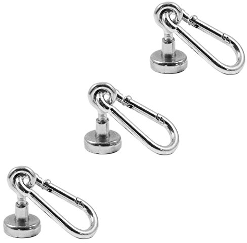 Magnetastico® | 3 Stück Neodym N35 Ösenmagnete mit Karabiner 16 mm Ø | Haltekraft 5.5 Kilogramm | Starke Neodym Karabinerhaken-Topfmagnete mit Öse bzw. Ringschraube verzinkt